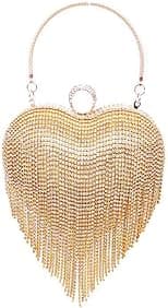 UMREN Women Luxury Heart Shape Tassel Evening Clutch Bag Rhinestones Wedding Party Purse Handbag, Gold, One size - Best Deal Finder