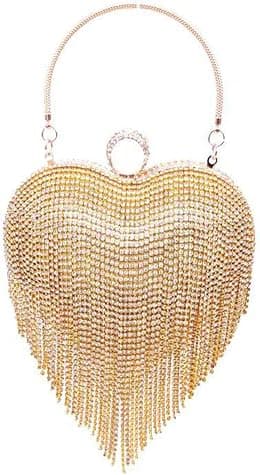 UMREN Women Luxury Heart Shape Tassel Evening Clutch Bag Rhinestones Wedding Party Purse Handbag, Gold, One size - Best Deal Finder