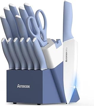Astercook Kitchen Knife Set with Block and Sharpener 15 Piece Ceramic Coating German High Carbon Stainless Steel Knives Sharp Blade Dishwasher Safe Knife Block Set with Ergonomic Handle, Delicate Blue on Amazon.ae - Price Tracker