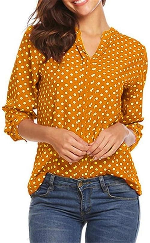 Women's Henley Shirts Polka Dot Print 3/4 Sleeve V-Neck Tops Blouse Casual Office Tunics on Amazon.ae - Price Tracker