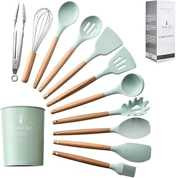 ComCreate Silicone Cooking Kitchen 11PCS Wooden Utensils Tool for Nonstick Cookware,Cooking Utensils Set with Bamboo Wood Handles for Nonstick Cookware，Non Toxic Turner Tongs Spatula Spoon Set on Amazon.ae - Price Tracker