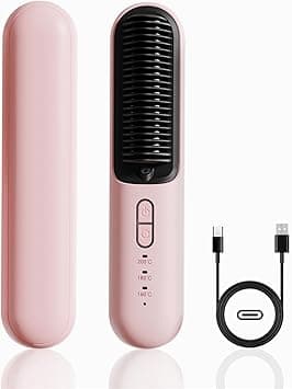 Cordless Hair Straightener Brush, Portable Hot Comb Straightener, 2 in 1, Travel Size, Type C Rechargeable, Pink, Small, Ceramic Heating Surface on Amazon.ae - Price Tracker