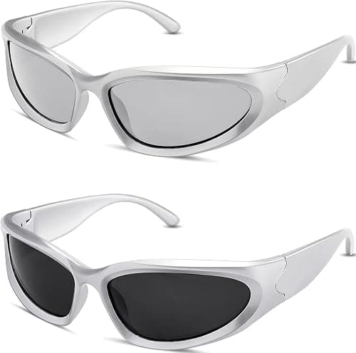 milramtob Y2K Wrap Around Fashion Sunglasses Silver Oval Shades Sports Sun Glasses Cyber Aesthetic Eyewear for Women Men on Amazon.ae - Price Tracker