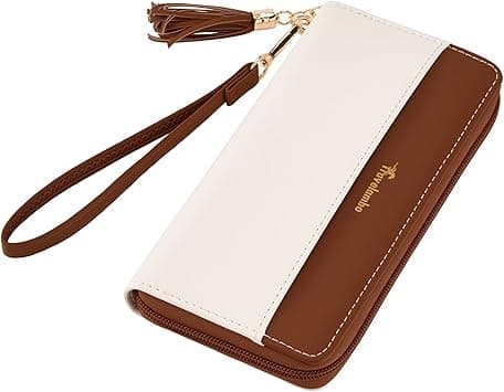 Travelambo Womens Wallet Tassel Bifold Ladies Cluth Wristlet Wrist strap Long Purse, Beige & Brown on Amazon.ae - Price Tracker