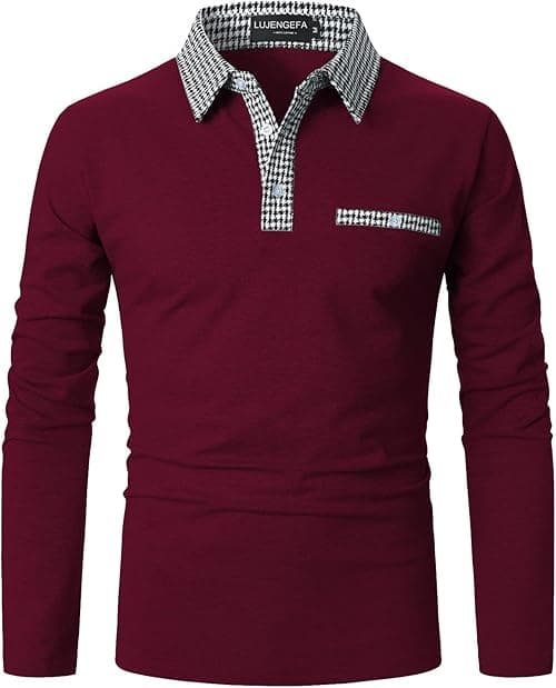 Mens Polo Shirts Long Sleeve Casual Slim fit Houndstooth Collar Golf Polo T Shirts Cotton Tops for Men on Amazon.ae - Price Tracker