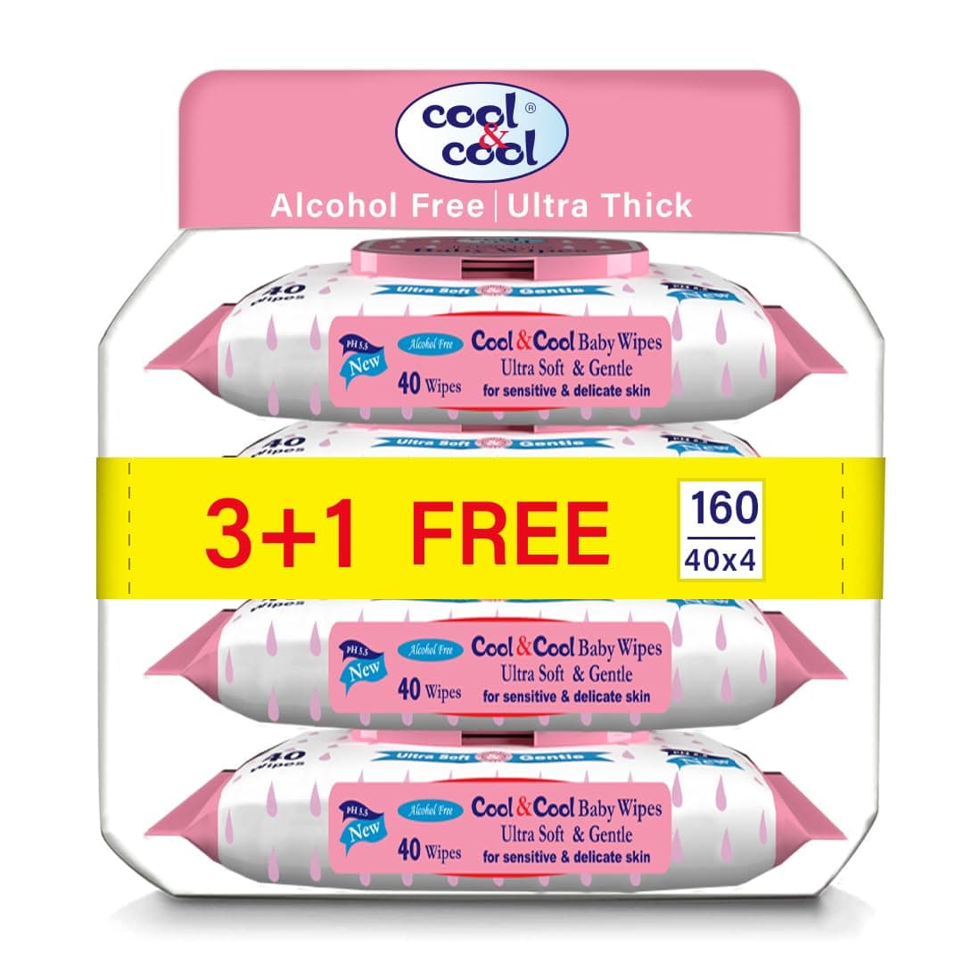 Cool & Cool Baby Wipes 40’s (Pack of 4)-Alcohol Free, Paraben Free,Vitamin E,Aloe Vera,Ultra Soft & Gentle for Sensitive & Delicate Skin - 160 Wipes on Amazon.ae - Price Tracker