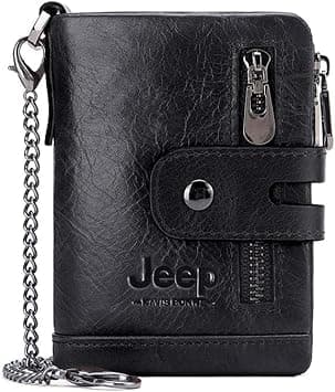Overs Leather Bifold Wallet with Anti-Theft Chain,RFID Protected Leather Wallet with Removeable Coins Pocket, Money Bag for Men (BLACK) on Amazon.ae - Price Tracker