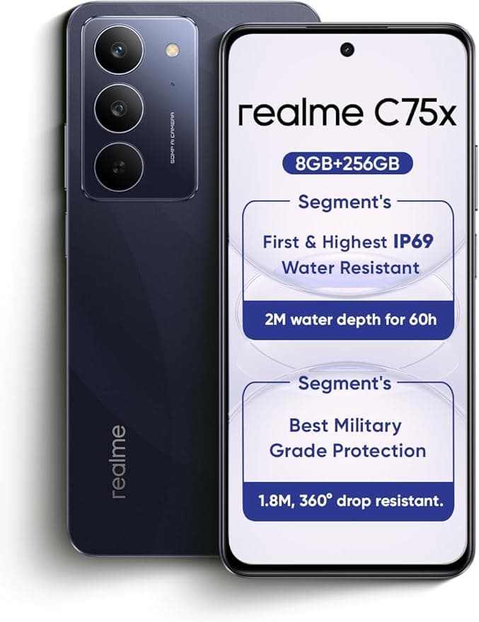 Realme C75x 4G Smartphone | 8GB RAM 256GB ROM | 6.67" 120Hz FHD+ Display | 50MP AI Camera | 5310mAh Battery | IP69 Rugged | 45W Fast Charging | 1 Year Warranty |Middle East Version (Oceanic Blue) on Amazon.ae - Price Tracker