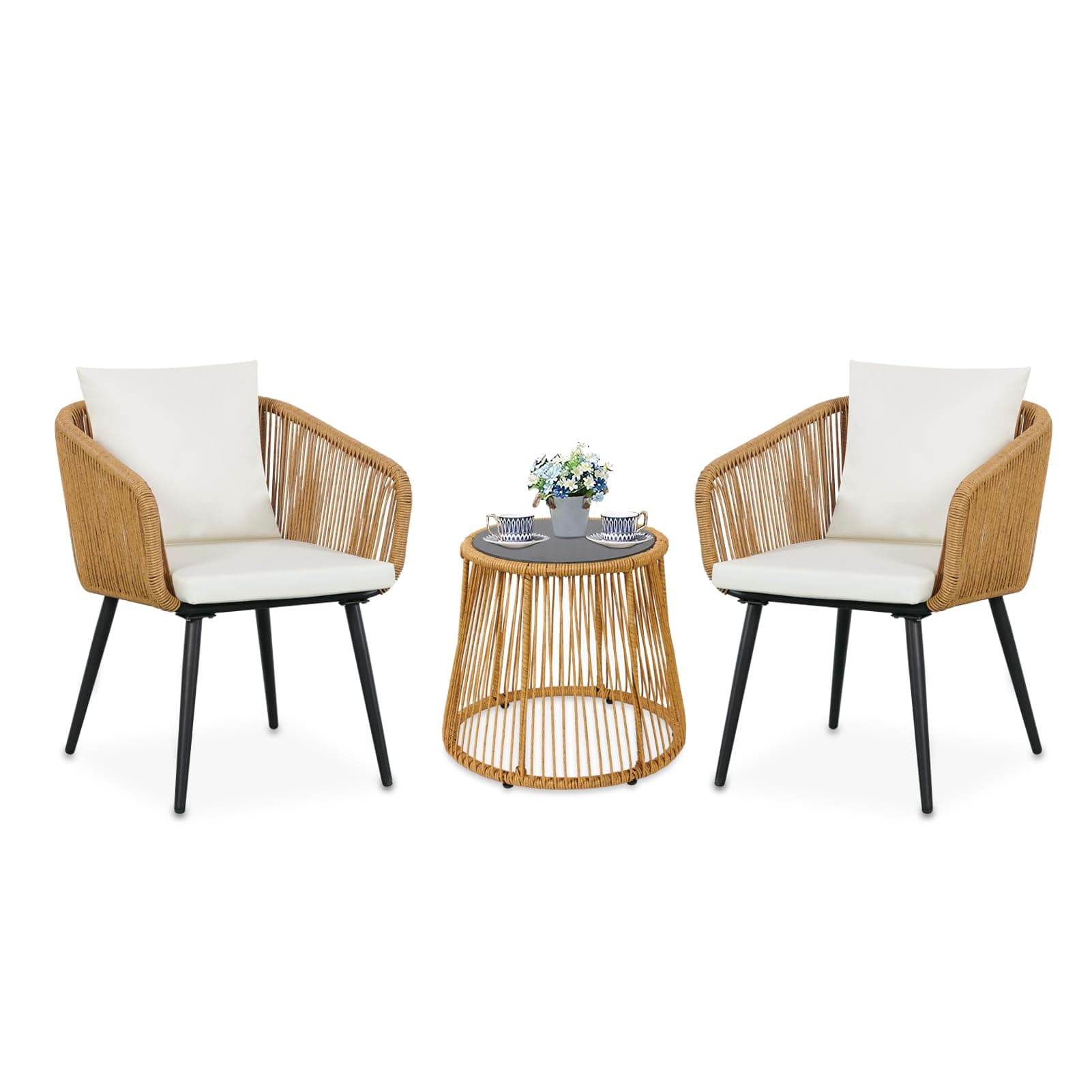 YIYAN 3 Piece Patio Bistro Set, Wicker Outdoor Patio Set with Enhanced Comfort Seating, Round Glass Top Coffee Side Table, Patio Rattan Conversation Set for Balcony, Lawn, Garden, Backyard, White on Amazon.ae - Price Tracker