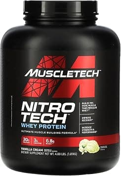 Muscletech NitroTech Whey Protein Ultimate Muscle Building Formula with a Unique Blend of Whey Protein Isolate & Peptides - 30gm Protein, 3gm Creatine & 6.8gm BCAAs, Vanilla Cream Flavor, 4.00 lbs on Amazon.sa - Price Tracker