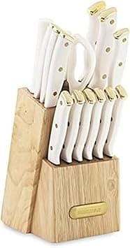 Farberware 15-Piece Triple Riveted Knife Block Set, High Carbon-Stainless Steel Kitchen Knives, Razor-Sharp Knife Set with Wood Block, White and Gold on Amazon.ae - Price Tracker
