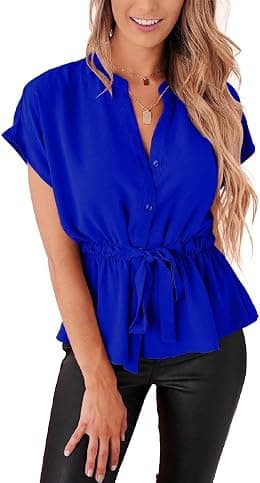 Womens Button Down Blouses Casual Peplum Summer Tops Dressy Chiffon Work Blouse - Best Deal Finder