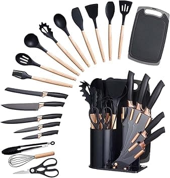 19-in-1 Kitchen Utensils Set and Knives Set, Black, Silicone Cooking Tools, Cutting Board, Knife Block Holder on Amazon.ae - Price Tracker