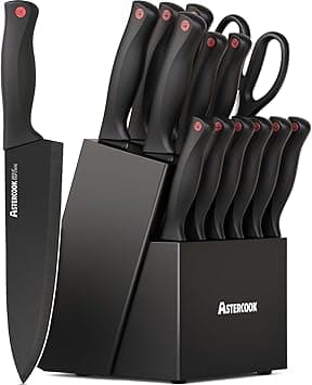 Astercook 15 Piece Knife Set with Sharpener Block - German Stainless Steel, Dishwasher Safe Kitchen Knives with Built-In Sharpener, Black on Amazon.ae - Price Tracker