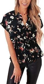 Womens Button Down Blouses Casual Peplum Summer Tops Dressy Chiffon Work Blouse - Best Deal Finder