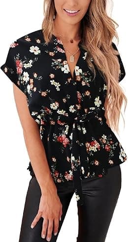 Womens Button Down Blouses Casual Peplum Summer Tops Dressy Chiffon Work Blouse - Best Deal Finder
