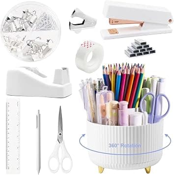 White Office Supplies Set, 10PCS Office Desk Accessories and Organizers with 360° Pen Holder,Stapler and Tape Dispenser Set, Remover, Staples, Clips, Scissor,Sticky Notes and Pen (white) on Amazon.ae - Price Tracker