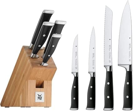 WMF Knife Block 5-Piece Big Class Performance Cut Double Serrated Blade Made In Germany Forged Special Blade Steel - Stainless Steel Rivets Plastic Handles Knife Block Made Of Bamboo على Amazon.ae - متتبع الأسعار