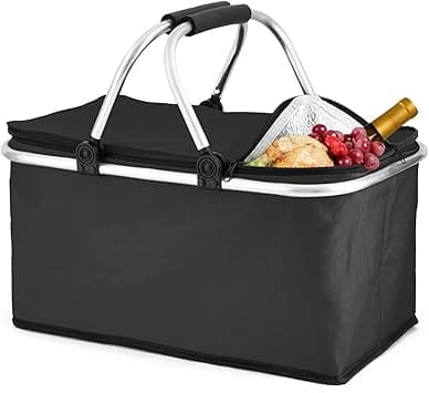 Angju Insulated Large Picnic Basket 35L- Strong Aluminum Frame Waterproof Lining Design for Easy Storage - Take it Camping, Picnicking, Lake Trips or Family Vacations - Keeps Food Cold -DHBlack - Amazon.ae Price Tracker
