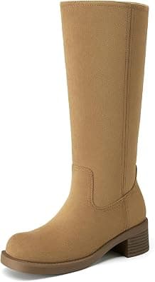 Athlefit Women's Knee High Riding Boots Fashion Buckle Square Toe Chunky Heel Wide Calf Biker Boots - Best Deal Finder