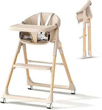 Beauenty Foldable Baby High Chair, Baby Dining Chairs with Soft Cushion and Foot Pedal, Stable Kids Feeding Chair with Removable Tray, Lockable Wheels (Coffee) على Amazon.ae - متتبع الأسعار