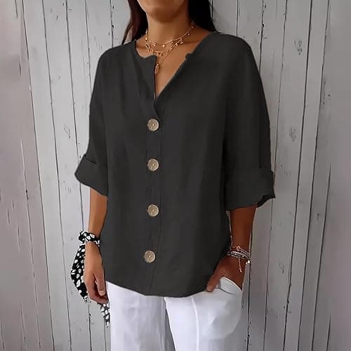Linen Clothes for Seniors Button Down V Neck 3/4 Sleeve Shirts Casual Loose Fit Cotton Soft Summer Tunic Tops on Amazon.ae - Price Tracker