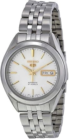 Seiko 5 SNKL17 Men's Stainless Steel White Dial Gold Index Day Date Automatic Watch on Amazon.ae - Price Tracker