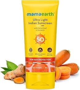 Mamaearth Ultra Light Indian Sunscreen with Carrot Seed & Turmeric SPF 50 PA ++++ | Tan Protection, No White Cast, Non-Greasy, Quick Absorbing & Lightweight Sunscreen | Broad Spectrum UVA UVB, 80g - Best Deal Finder