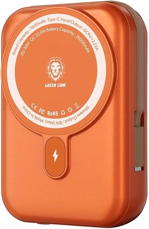 Green Lion Monaco Power Bank 20000mAh, Compatible with MagSafe 15W Wireless Portable Charger Fast Charging, Mobile Phone PD 20W USB-C QC 22.5W USB-A Wired Charging, Charger Battery Pack (Orange) على Amazon.ae - متتبع الأسعار