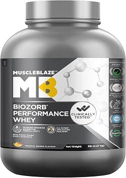 MuscleBlaze Biozorb Performance Whey Protein (Magical Mango, 5lbs / 2.27kg) | Clinically Tested 50% Higher Protein Absorption on Amazon.ae - Price Tracker