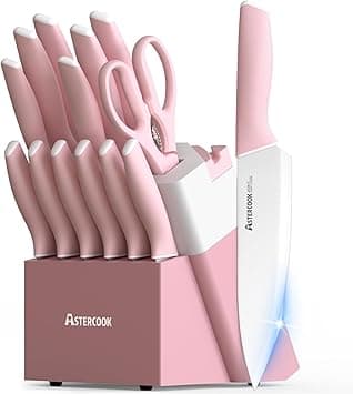 Astercook Knife Set, Kitchen Knives Set with Block and Sharpener Ceramic Coating 15 Pcs German Stainless Steel Knives Sharp Blade Dishwasher Safe Knife Block Set with Ergonomic Handle, Crystal Pink on Amazon.ae - Price Tracker