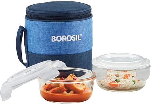 Borosil Prime Glass Lunch Box Set of 2, 400 Ml, Round, Microwave Safe office Tiffin, Blue, Transparent on Amazon.ae - Price Tracker