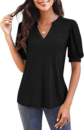 Imily Bela Womens V Neck T Shirts Casual Puff Sleeve Loose Dressy Blouses Summer Tops on Amazon.ae - Price Tracker