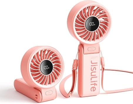 JISULIFE Handheld Fan Life7,Powerful Portable Fan with LED Display[19.5Hrs Max Cooling]5000mAh,150°Folded,5 Speeds,Lanyard; 3-IN-1 Hand/Desk/Neck Fan,Mini Fan for Travel,Lash,Gift for Women(Pink) على Amazon.ae - متتبع الأسعار