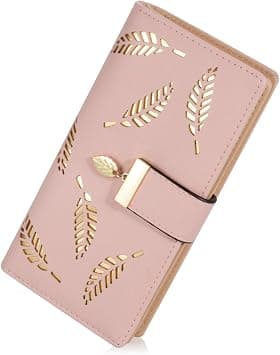 Women's Long Leaf Bifold Wallet Leather Card Holder Purse Zipper Buckle Elegant Clutch Wallet Handbag, One Size - Best Deal Finder