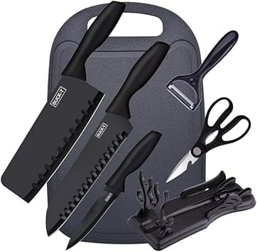 7-Piece Kitchen Knife Set with Chopping Board, Knife Block, Stainless Steel Chef Knives, Scissors, Melon Grater - Non-Stick Coated Blades, Cooking Knife Set for Home & Professional Use on Amazon.ae - Price Tracker