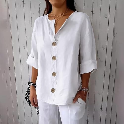 Linen Clothes for Seniors Button Down V Neck 3/4 Sleeve Shirts Casual Loose Fit Cotton Soft Summer Tunic Tops on Amazon.ae - Price Tracker
