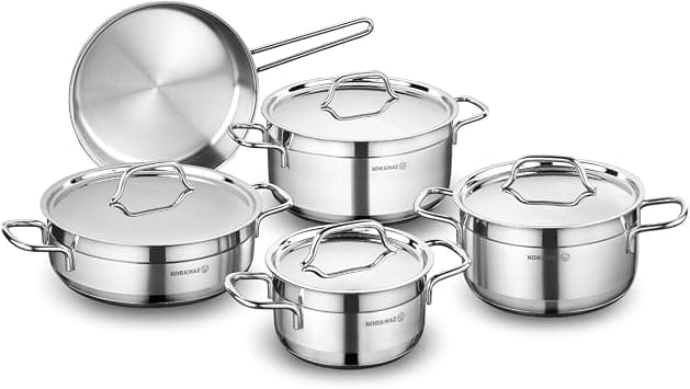 Korkmaz Alfa 9 Pieces Tri-Ply Bottom Stainless Steel Cookware Set | Sandwich Bottom Induction Compatible Cookware Pots and Pans Set | Silver - KA1660 على Amazon.ae - متتبع الأسعار
