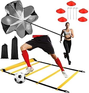 NC Speed & Agility Training Set, Iludes 1 Resistae Parachute & 6m 12-Section Agility Speed Ladder, 4 Steel Stakes, 5 Disc Cones or Football Soccer Training Aid على Amazon.ae - متتبع الأسعار
