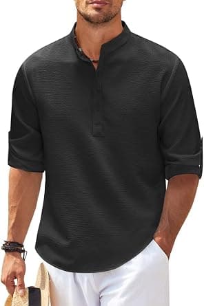 Men's Cotton Linen Shirt Casual Long Sleeve Henley Hippie T Shirts Summer Fashion Beach Tops Slim Fit Basic Button Up Shirts Lightweight Solid Color Banded Collar Shirt Typical Holiday Sports Tops, XL on Amazon.ae - Price Tracker
