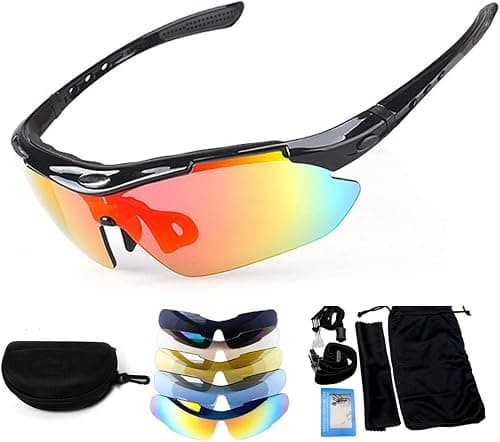 Polarized Sports Sunglasses UV400 with 5 Interchangeable Lenses,Mens Womens Baseball Driving Fishing Golf Running Cycling Glasses (Black) على Amazon.ae - متتبع الأسعار