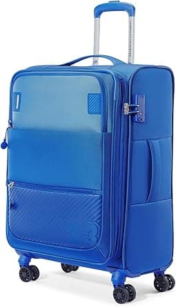 American Tourister Majoris + Suitcase, 4 Spinner Wheels, Soft Top, 100% Polyester, Blue|Corner Guards|Front Pocket|TSA Combination Lock|Expandable|Retractable Aluminum Handle - 3 Years Global Warranty on Amazon.ae - Price Tracker