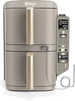 Ninja Double Stack XL with Digital Thermoprobe, Dual Drawer Vertical Air Fryer with 4 Cooking Levels, 2 Racks, 9.5L Capacity, 6 Cooking Modes, 8 Servings, Stone/Gold SL451EUSD - متتبع أسعار Amazon.sa