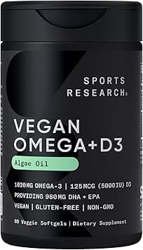 Sports Research Vegan Omega-3 with Vitamin D3 Softgels - 630mg EPA+DHA & 125mcg D3 Supplement - Fish Oil Alternative w/Vitamin D - Plant-Based Support from Algae Oil - 60 Veggie Capsules for Adults on Amazon.ae - Price Tracker