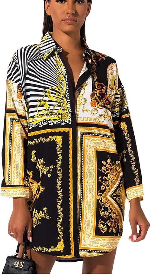 OLUOLIN Womens Floral Print Button Down Lapel Collar Retro Long Sleeve T Shirt Dress Blouse Mini Dress on Amazon.ae - Price Tracker