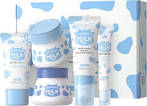 LAIKOU Milk Skincare Set, 5pcs Hydrating Facial Kit Milk Beauty Gift Sets for Teenage Girls with Cleanser, Day Cream, Night Cream, Eye Cream, Sunscreen , for Deep Hydrating Smoothing (B) on Amazon.ae - Price Tracker