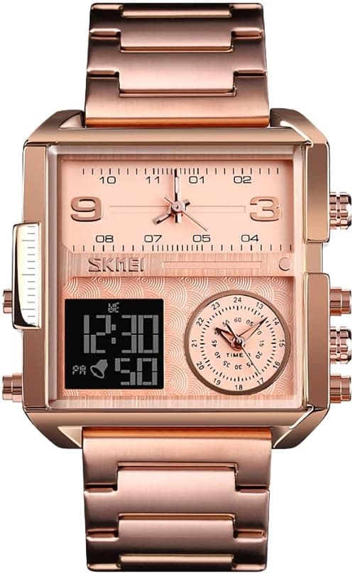SKMEI Watches for Men, Square Men's Wrist Watches, LED Backlight Large Screen Multi-Time Zone Men's Watch, Waterproof Analog Men's Digital Sports Watch on Amazon.ae - Price Tracker