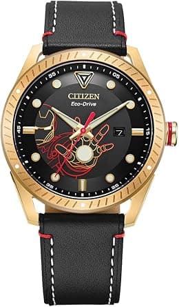 Citizen Eco-Drive Men's Marvel Tony Stark Gold Tone Stainless Steel Watch with Black Leather Strap, Arc Reactor, Luminous, 43mm (Model: BM6992-09W) - Best Deal Finder