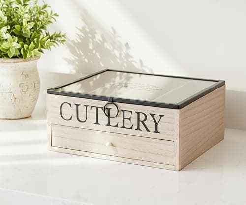 Vintage Wooden 5 Compartment Cutlery Utensil Holder Dishware Organiser Box, Window Lid, Easy-Cleanable Drawer (US380) on Amazon.ae - Price Tracker
