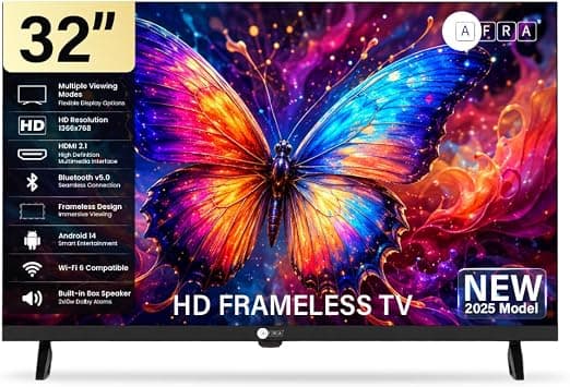 AFRA 32 Inch HD Frameless Smart LED TV, Android 14, Netflix, YouTube, Prime Video, Bluetooth, Wi-Fi, HDMI, USB, 1 Year Warranty, Black, Model AF-32STVHD - Amazon.ae Price Tracker
